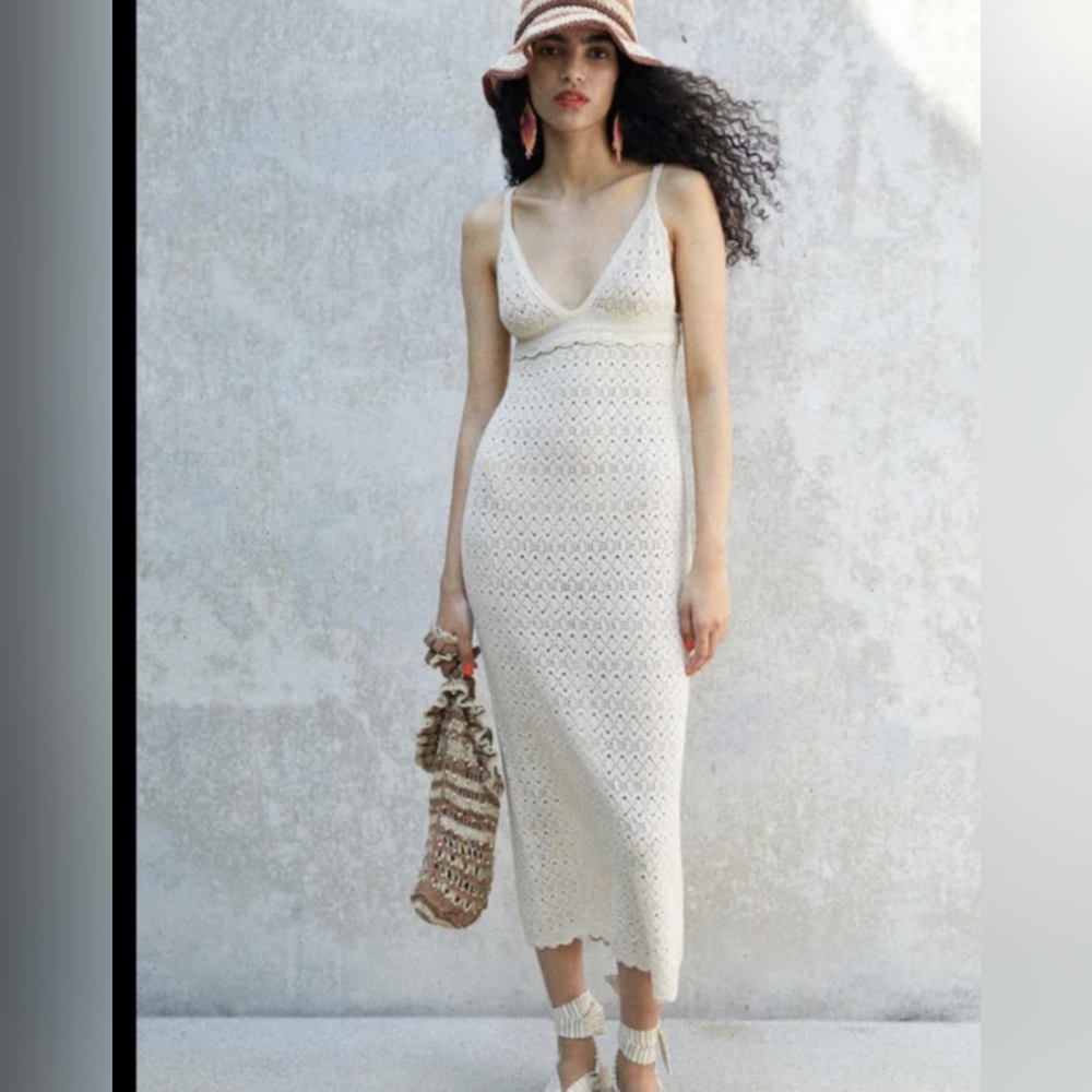 Zara Dress NWT Size M Crochet Maxi Cream BOHO Stretchy Fitted Beach Summer Knit